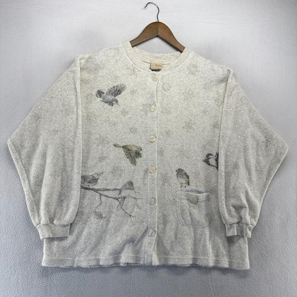 Vintage Artisans Sweater Women's Large Gray Birds Cardigan Fleece Pocket 90s